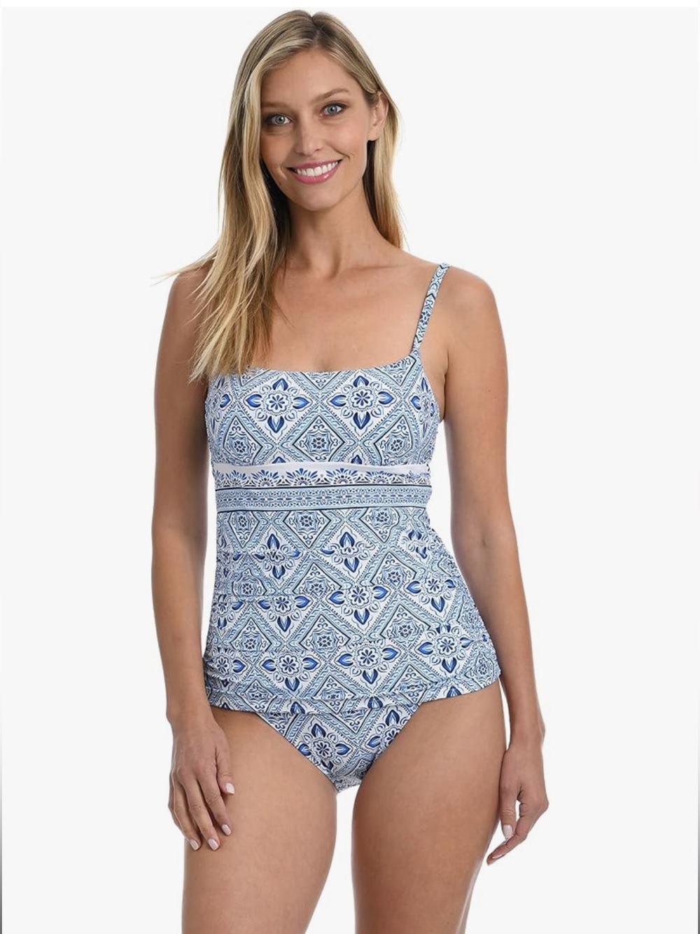 La Blanca Blue and White Printed Tankini Swimsuit With Tummy Control Size 4 New